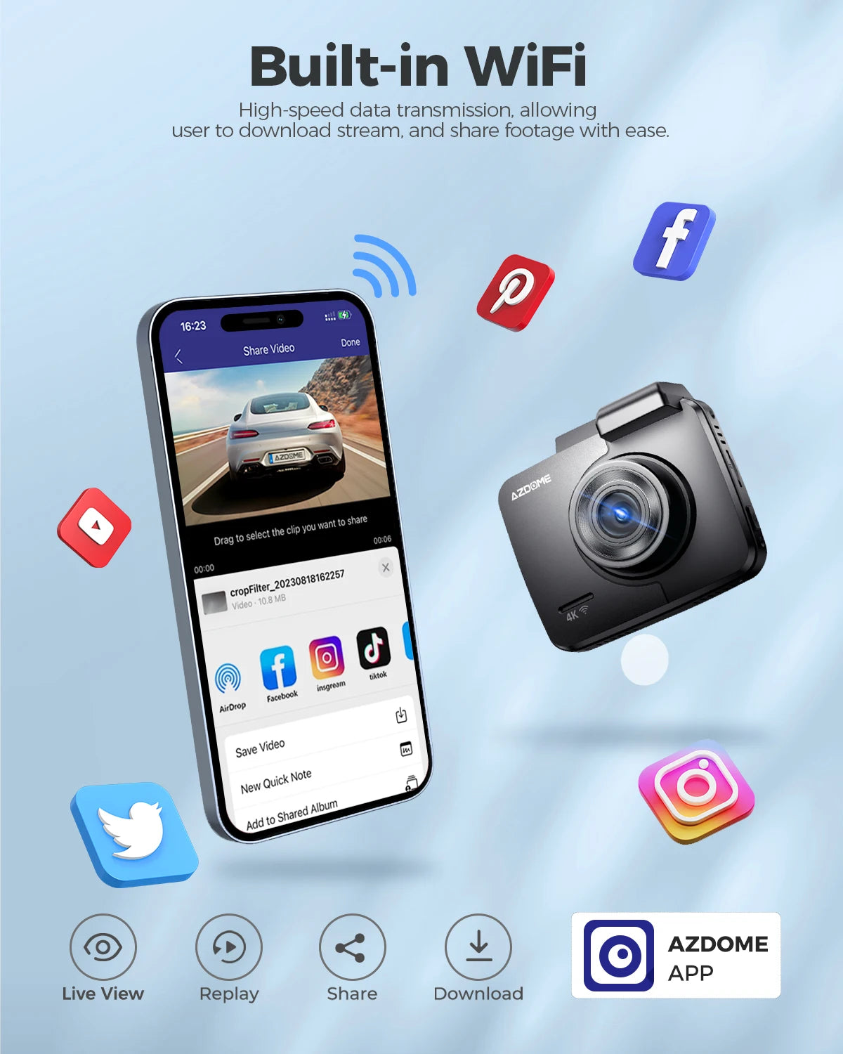 AZDOME Dash Cam GS63H 4K HD Dash Car Camera Night Vision WDR Car DVR Built-In GPS Wi-Fi G-Sensor Motion Detection